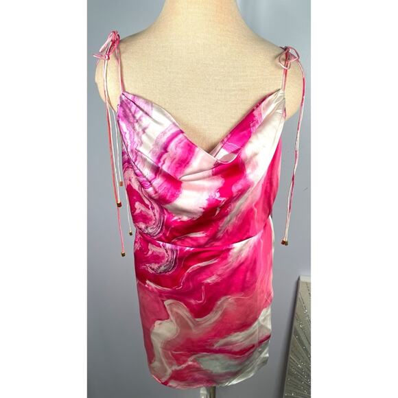 Retrofete Ariella Marbled Cowl Neck Tie Straps Pink and White Mini Dress Sz XXL - Picture 3 of 10